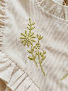 Vintaside Kids 女童秋季灯芯绒连衣裙，荷叶边领，花卉刺绣，时尚优雅，适合郊游、度假、旅行、露营、聚会、生日等场合 - 杏色 - 查看 5