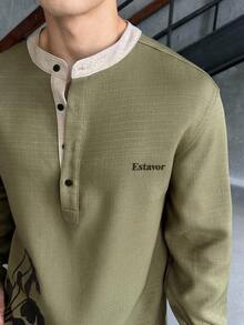 SWAVVY Men's Floral Print Casual Polo Shirt, Long Sleeve, Round Neck, Fall - Coffee Brown - View 4