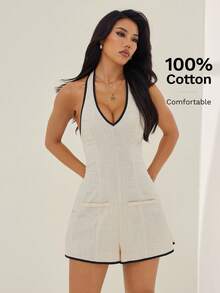 SHEIN PETITE Damski kombinezon w jednolitym kolorze z kontrastowym wykończeniem, głębokim dekoltem w serek, rozszerzanymi nogawkami, biała sukienka letnia, elegancka biała sukienka, biała sukienka halter, sukienka tenisowa, sukienka brunchowa, biała sukienka klubowa, sukienka damska, bawełniana sukienka, sukienka swobodna