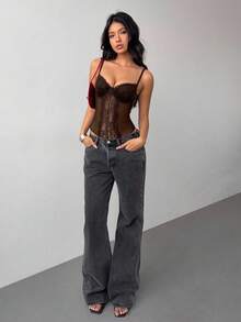 Aloruh 女士性感优雅蕾丝拼布文胸 - 棕色 - 查看 6