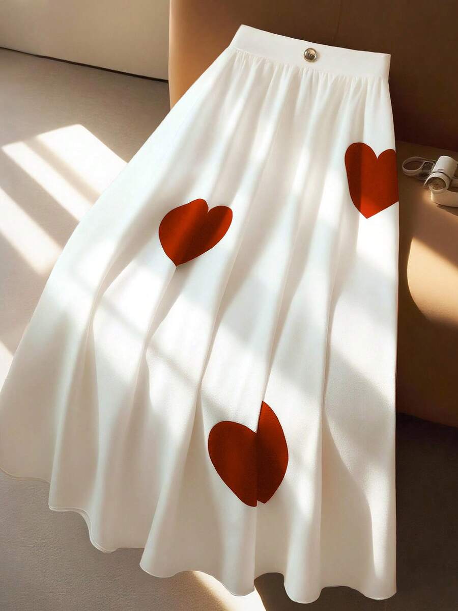 GlowEve CURVE Plus Size Women Heart Print A-Line Casual Versatile Skirt - Red - View 1