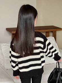 Dazy Kids Young Girls Crew Neck Striped Sweater, Fall Clothes - Black and White - View 3