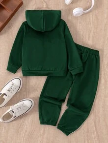 SHEIN Playful Pals 2 件套幼儿男童连帽卫衣和裤子套装，秋冬新款，黑色连帽衫搭配白色撞色条纹，黑色裤子，舒适休闲装，适合日常穿着，适合家庭/兄弟姐妹穿着 - 墨綠色 - 查看 2