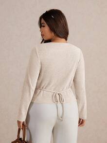 Elaquor Plus Size Women Casual Basic Versatile Urban Chic Metal Buckle Decor Elastic Ribbed V-Neck Solid Color Long Sleeve T-Shirt, Autumn - Apricot - View 2