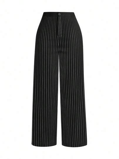 SHEIN PETITE سراويل نسائية مستقيمة الساق ذات خطوط بسيطة للتنقل من سلسلة PETITE-D