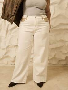 Aralina 大码休闲 Y2K 可爱曲线秋冬高腰贴袋细节阔腿牛仔裤 女士教师节和生日礼物 - 白色 - 查看 7