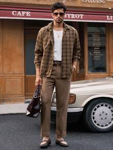 HIMLAND 男士休闲格子插肩下摆弧形下摆衬衫外套，Old Money 秋冬款 - 彩色 - 查看 5