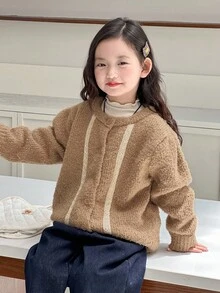 Dazy Kids Girls Lace Cardigan Sweater, Stylish Young Girl Fall Clothes - Camel - View 3