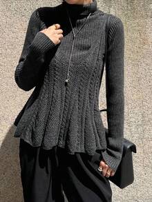 FRIFUL Pull femme col roulé 2 en 1 avec tricot unique, ourlet à volants patchwork, pull décontracté unicolore, automne