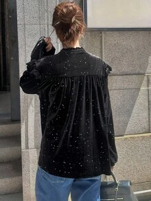 FRIFUL 女士荷叶边领天鹅绒水钻装饰休闲宽松衬衫，秋季可爱长袖亮片上衣 - 黑色 - 查看 5