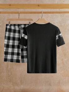 Manfinity VCAY 2pcs/Set Men Casual Knit Patchwork Raglan Short Sleeve T-Shirt And Drawstring Waist Shorts Set - Black - View 2