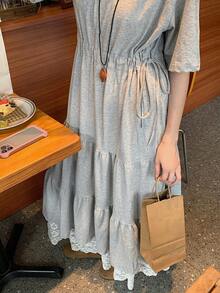 DAZY 女士休闲日常通勤简约纯色收腰层叠下摆连衣裙，夏季吊带裙 - 灰色 - 查看 4