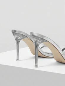 Mnmlis Sandalias de tacón alto transparente con punta puntiaguda y hebilla para mujer - Plateado - Ver 5