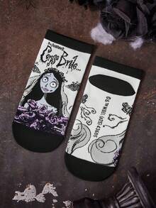 Corpse Bride X SHEIN 2 双情侣柔软透气吸湿排汗休闲短袜时尚黑白短袜加固脚趾和脚跟，经久耐用男女通用四季百搭夏冬万圣节 - 彩色 - 查看 7