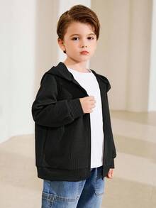 儿童/青少年男孩休闲日常百搭舒适拼接连帽长袖开衫夹克 - 黑色 - 查看 6