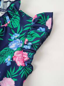 Joliand Joliand 1pc Young Girl Urban Elegant Green Leaf & Pink Floral Print Ruffle Hem Loose Sleeveless Dress,Navy Blue,Summer,Beach,Holiday For Casual,Party,Wedding - Multicolor - View 4