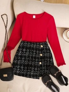 SHEIN Tween Girl 优雅红色修身圆领长袖罗纹针织金属金色套头 T 恤和黑白格子 A 字迷你裙套装，适合圣诞节、万圣节、休闲装、圣诞红、秋季装 - 紅色 - 查看 3