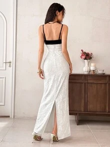 EastFlair 女式时尚优雅撞色饰边细肩带连衣裙 - 白色 - 查看 6