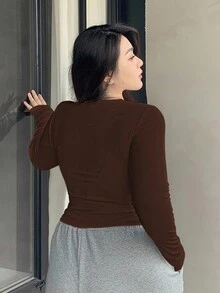 Dazy Plus Plus Size Notched Collarline Long Sleeve T-Shirt With Slit,Fall Clothes - Coffee Brown - View 2