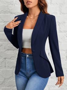 SHEIN PETITE Autumn And Winter Wear Suitable For Commuting. Green Fruit Collar Single-Button Black Suit Jacket,Cozy Fall And Winter Clothes For Women - Navy Blue - View 6