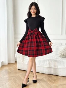 少女休闲简约舒适圆领盖袖拼色连衣裙 - 紅色 - 查看 2