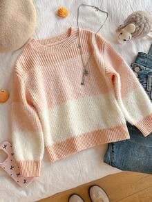 冬季服装、冬季套装、儿童冬季服装、秋季服装、万圣节、万圣节服装、圣诞节服装、女童休闲条纹圆领长袖毛衣 - 彩色 - 查看 1