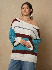 SHEIN VCAY Plus Size Women Boat Neck Striped Drop Shoulder Long Sleeve Casual Loose Knit Sweater, Autumn/Winter