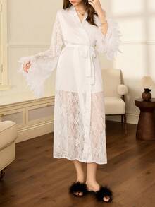 成熟法式优雅性感蕾丝缎面女式长袍，秋季 - 白色 - 查看 1