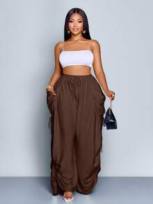 SOLERSUN Pantalones casuales sueltos de unicolor con bolsillo anudado de talla grande - Marrón - Ver 3