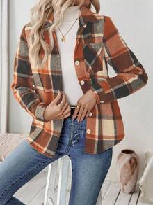 EMERY ROSE Chaqueta casual de mujer con botones, estampado de cuadros y bolsillo, manga larga - Camisa casual diaria para mujer - Naranja - Ver 3