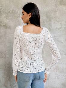 SHEIN Unity 女士休闲长袖纯色方领腰部收腰纽扣设计衬衫 - 白色 - 查看 3