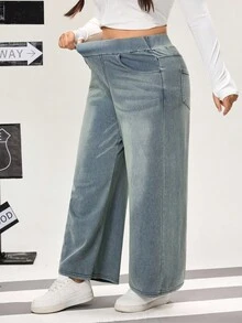 Flexra Plus Size High Stretch Knit Wide Leg Boyfriend Jeans - Dusty Blue - View 6