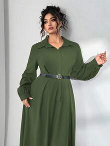 Elenzga 优雅通勤纯色灯笼袖连衣裙，大码女式秋季长裙 - 軍綠色 - 查看 6