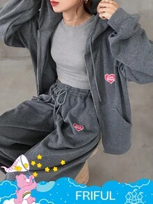 SHEIN X Care Bears FRIFUL 女士秋季水钻印花落肩宽松保暖连帽拉链衫和阔腿裤两件套家居服套装