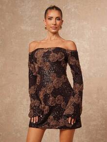 Lumalex 秋季新款女装冬季简约复古闪亮假日派对魅力优雅锐舞节郊游度假热门户外丰富层次婚礼季宴会成人礼亮片串珠装饰露肩露背泡泡袖紧身迷你连衣裙女式棕色露肩连衣裙棕色亮片连衣裙3D花卉连衣裙玫瑰连衣裙鸡尾酒会礼服奢华舞会证件照宰牲节派对新年 - 咖啡棕 - 查看 7