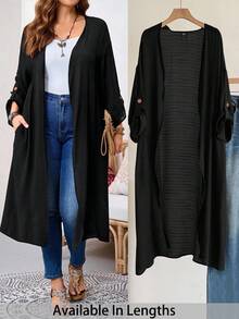 SHEIN Tall CURVE 大尺碼女款秋冬辦公室婚禮度假晚餐外出長款開襟大衣，黑色秋季商務休閒寬鬆優雅 - 黑色 - 查看 1