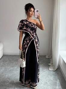 SHEIN Raffinéa 2pcs Set: Elegant Sexy Shoulder Print Loose Top And Wide Leg Pants Prom Gown For Prom Night - Black - View 4