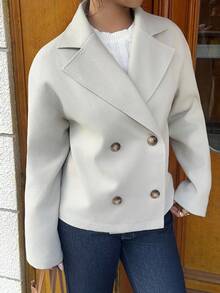 Sunnyshic Apricot Double-Sided Notched Collar, Double-Breasted Button, Pocket Long Sleeve Short Coat, Fashionable For Commuting, Office, Casual, Elegant Retro Style, Suitable For Autumn/Winter