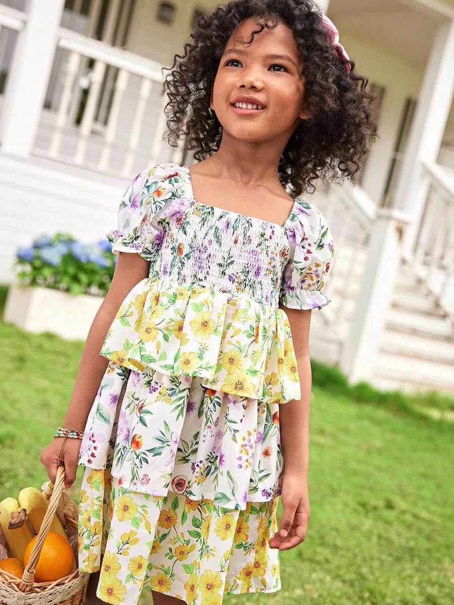 Joliand Joliand 1 件年轻女孩优雅都市可爱热带水果和橙色花朵图案荷叶边宽松连衣裙，适合聚会、郊游、婚礼、派对、夏季等场合 - 彩色 - 查看 1