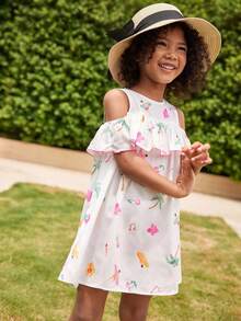 Joliand Joliand 1 pièce Robe élégante, urbaine et mignonne avec volant pour jeune fille, imprimé de palmiers et de fleurs, convient pour les réunions, les sorties, la plage, les fêtes, l'été - Multicolore - Voir 1