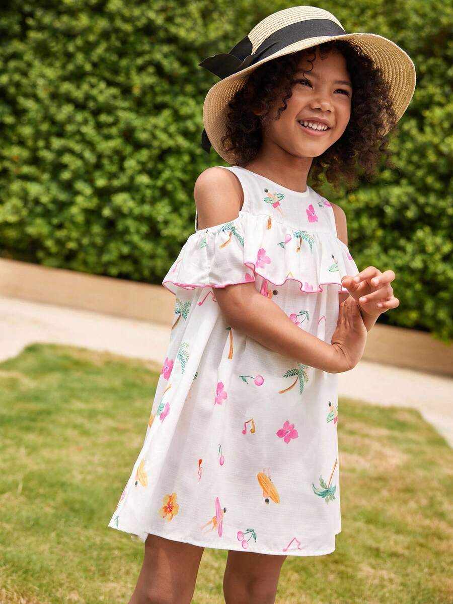 Joliand Joliand 1 pièce Robe élégante, urbaine et mignonne avec volant pour jeune fille, imprimé de palmiers et de fleurs, convient pour les réunions, les sorties, la plage, les fêtes, l'été - Multicolore - Voir 1