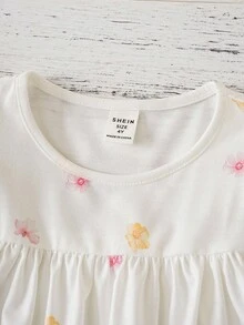 Joliand Joliand 1 件年轻女孩优雅都市可爱粉色花卉白色圆领荷叶边针织 T 恤，适合日常休闲、郊游、派对、婚礼、野餐、夏季 - 彩色 - 查看 6