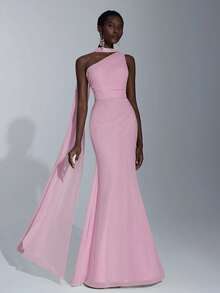 Elitara 优雅单肩雪纺垂坠（多种穿法），垂坠饰有褶饰腰部，适合婚礼、伴娘礼服 - 淺粉色 - 查看 1