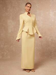 Lumalex Fall Winter Gathering Party Banquet Modest Old Money Coquette Glitter Holiday Party Rave Festival Outing Vacation Hot Outdoor Richly Layered Wedding Season Banquet Coming Of Age Ceremony Women's Solid Color Long Sleeve Single-Breasted Ruffle Hem Jacket And Straight Pencil Skirt Elegant Suit Set Blazer Dress For Women Butter Yellow Dress Skirt Suit Yellow Two Piece Set Luxury Prom Christmas New Year