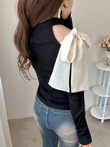 Livesso 女式高领肩部镂空撞色蝴蝶结修身长袖 T 恤，甜美秋季上衣 - 黑色 - 查看 4