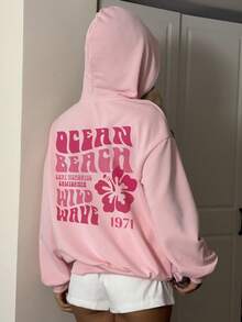 Attitoon Casual Minimalist Pink Floral & Twisted English Letter Print Loose Fit Sweatshirt For Women, Comfortable For Autumn/Winter, Fall - Baby Pink - View 3