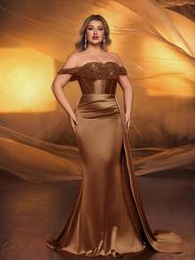 Glamrae 加大码优雅奢华酒红色露肩袖亮片拼接弹力缎面褶皱侧开衩鱼尾连衣裙，适合婚礼、派对、节日、庆典、晚会 - 棕色 - 查看 5