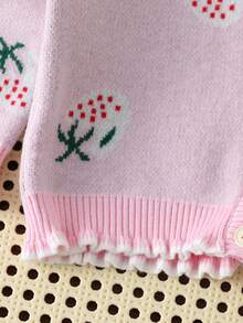 SHEIN Strawberry Blossom: Baby Girls' Cardigan Sweater Set. Strawberry Jacquard, Ruffle Hem And Neckline Design, And Cardigan Style, Cute And Fashionable For Baby Girls Fall Winter - Multicolor - View 7