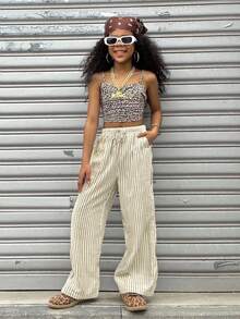 Coolane Kids Tween 女童春夏/街头风格条纹纹理白色宽松裤 - 彩色 - 查看 5