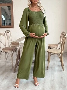 SHEIN 孕妇连体裤，长袖，方领，前后抽绳腰部，口袋，宽松版型 - 軍綠色 - 查看 4